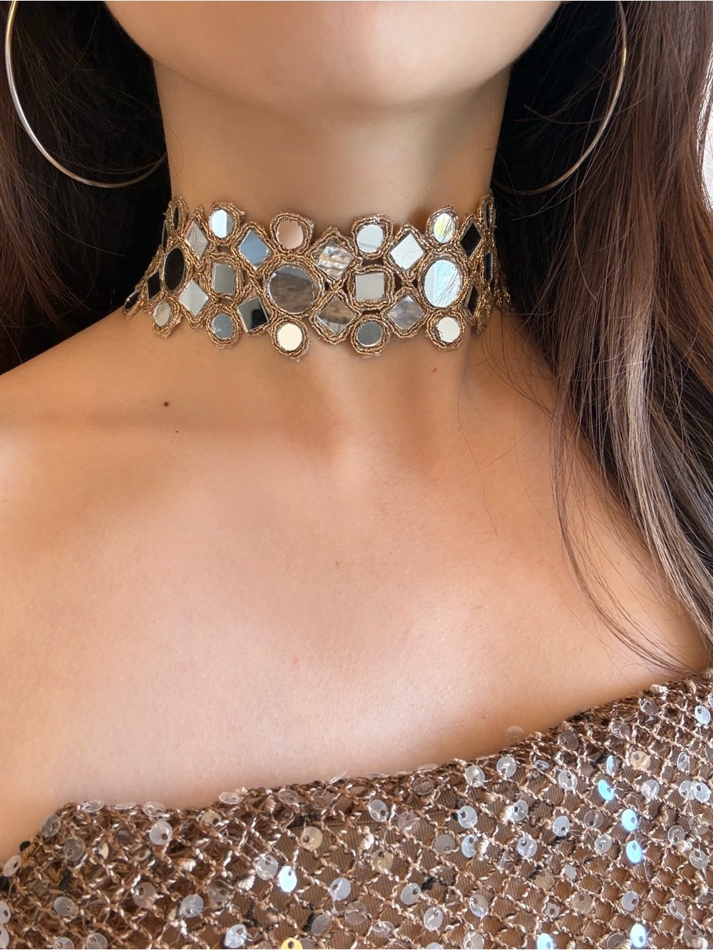 Gold Mirror Mosaic Choker Necklace - Women Jewelry